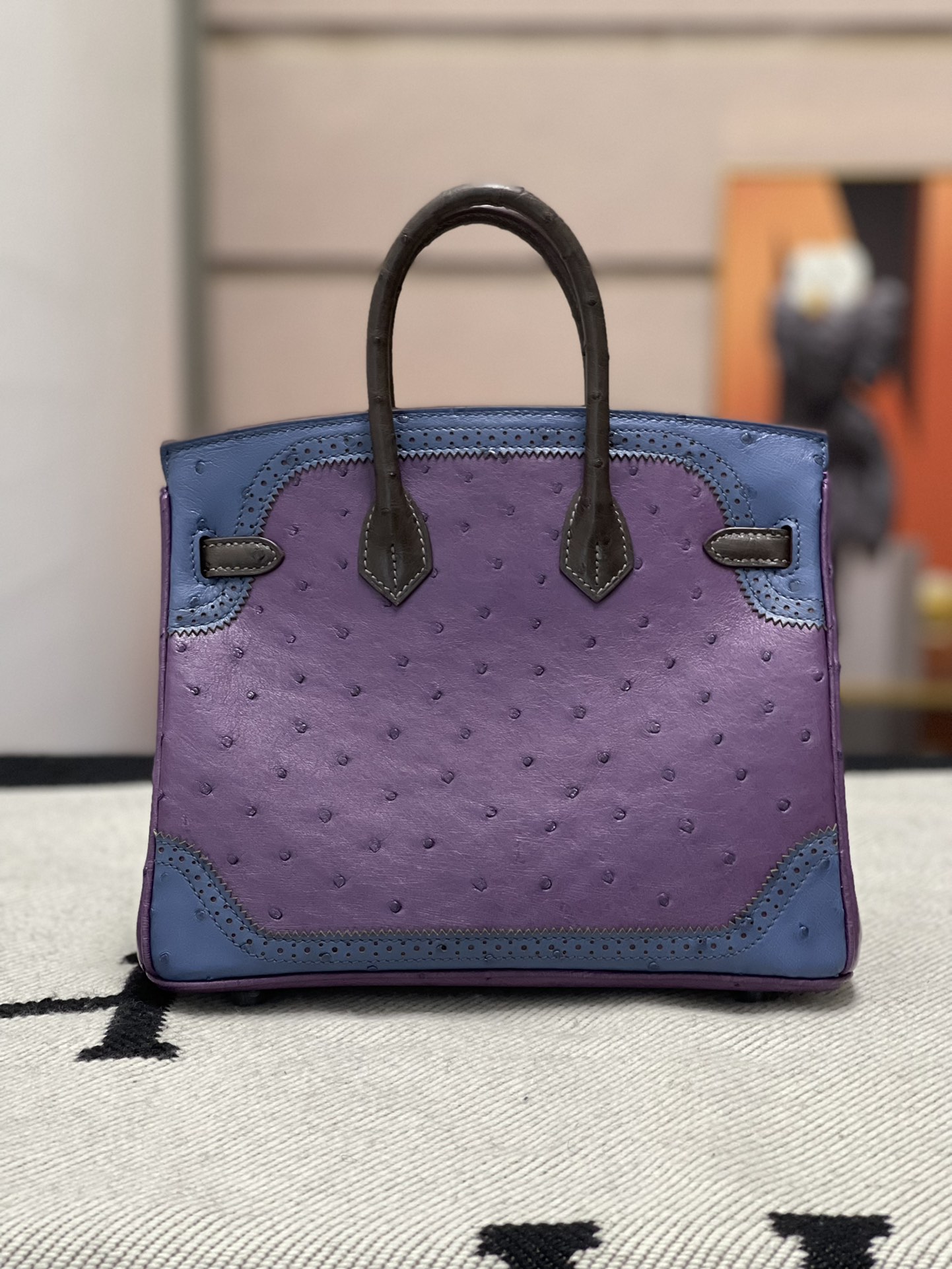 에르메스 버킨백25 퍼플 블루 브라운 은장 타조가죽